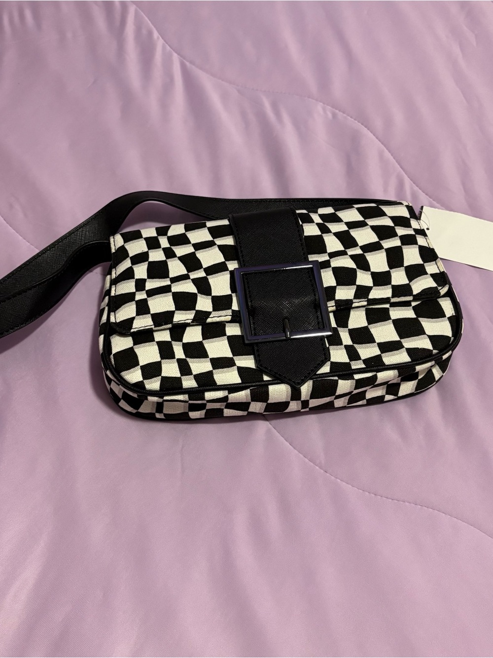 NWT Black & White Trippy Checkerboard Shoulder Bag with Buckle Detail snap close